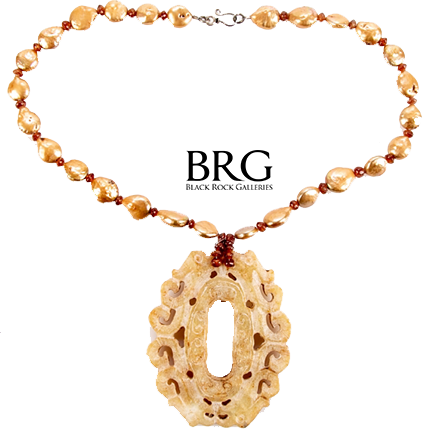 Baroque Pearls With Amber And Archaic Style Hand Carved Soapstone Pendant